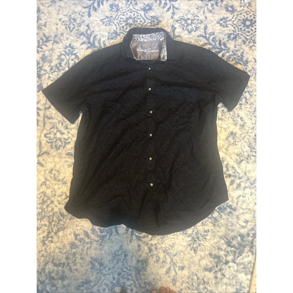 Robert Graham Button Down Shirt Mens XL Black Floral Print Camp Short Sleeve